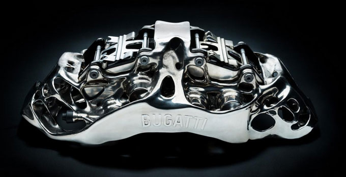 3D printed titanium brake caliper for Bugatti Chiron, 40% lighter, industrial automotive case study, courtesy of Bugatti