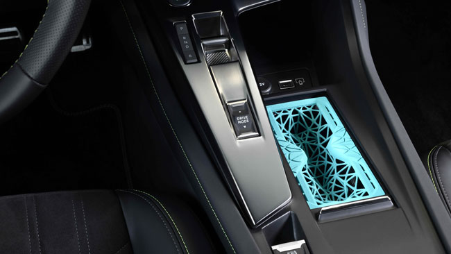 Peugeot 308 3D printed cup holder and phone holder, OEM factory accessories, courtesy of Peugeot & HP